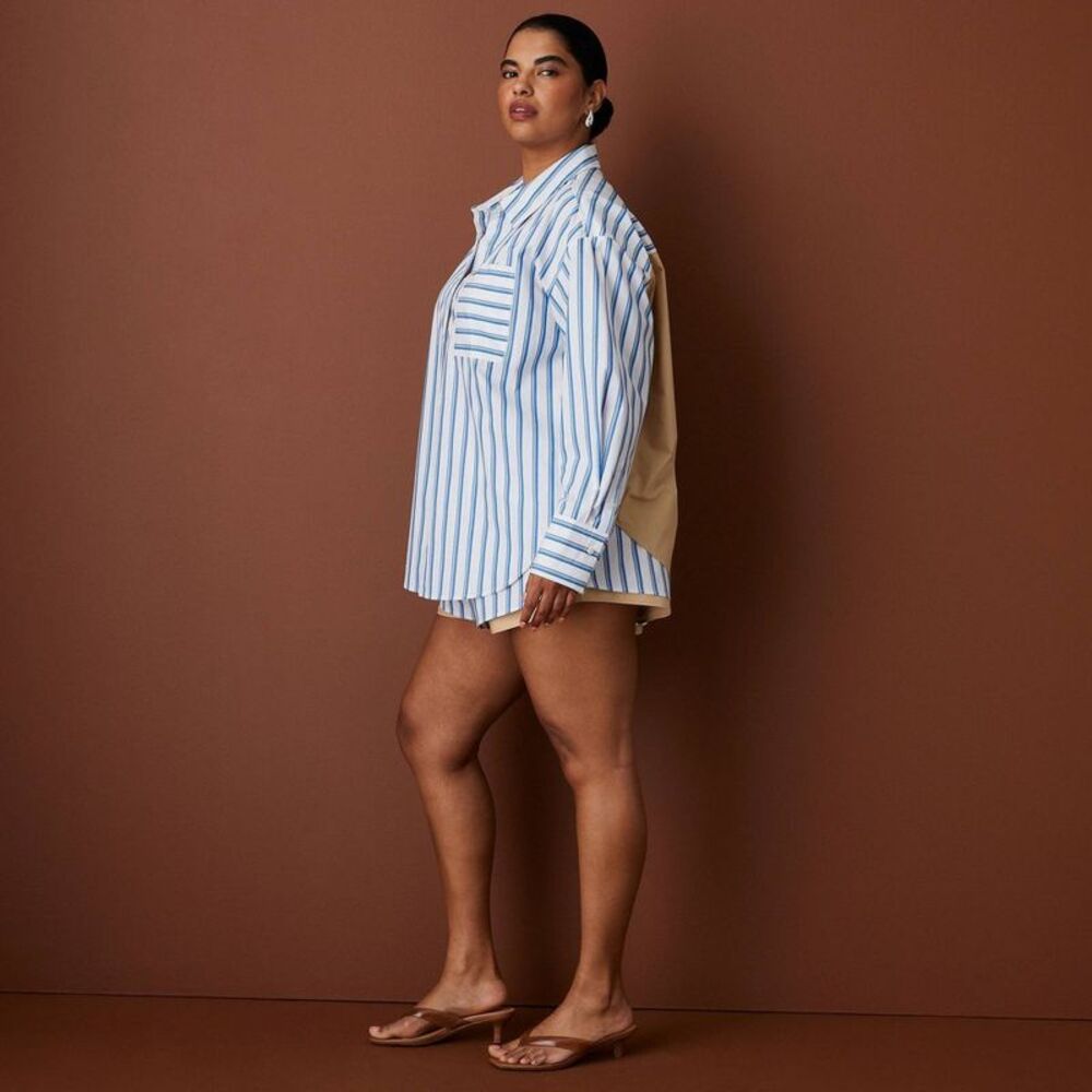 Women's Long Sleeve Oversized Poplin Button-Down Striped Shirt - Blue L - Picture 3 of 4